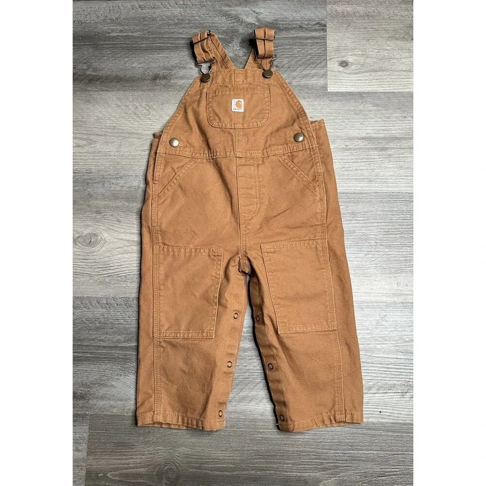 Carhartt Kids 18M Duck Brown Canvas Bib Overalls Double Knee Snaps